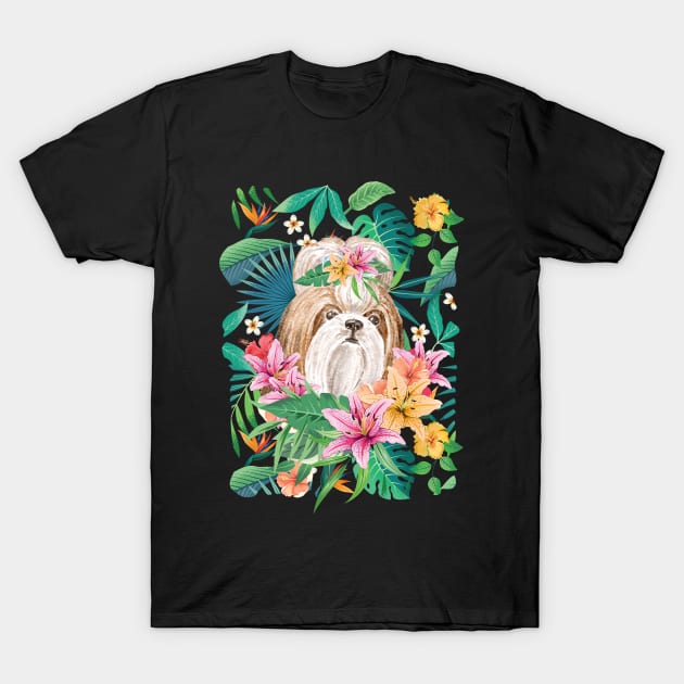 Tropical Long Haired Gold Red White Shih Tzu 13 T-Shirt by LulululuPainting